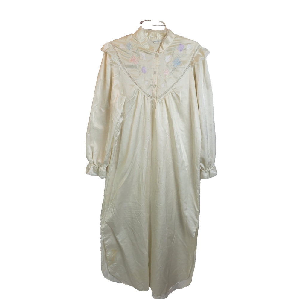 Vintage Erika Taylor Ivory Floral‎ Applique Satin Nightgown Women's Size Medium